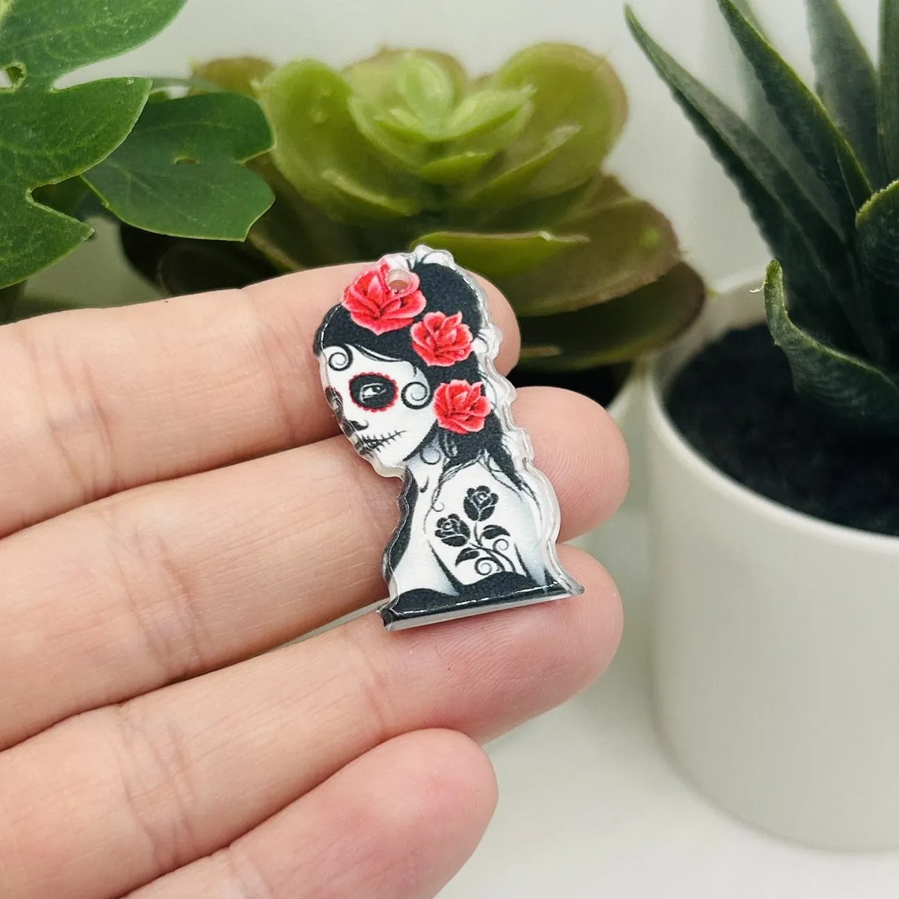 1, 4 or 20 Pieces: Pink Dia De Los Muertos Pendant - Double Sided!