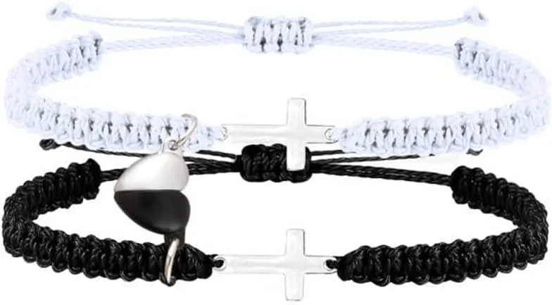 1 Pair Couples Love Infinity Mutual Attraction Bracelets Heart Matching Cross Yin Yang Handmade Braided Relationship Adjustable Cord for Him and Her Bff Friendship Promise Valentines Gift
