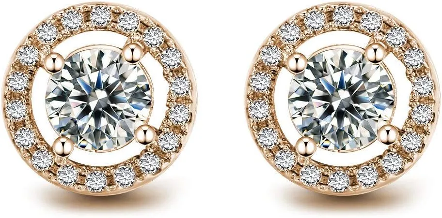 1 Pair Simulated Zircon Diamond Stud Earrings Platinum Rose Gold Plated Round Zirconia Halo Stud Earrings for Women with Gift Box