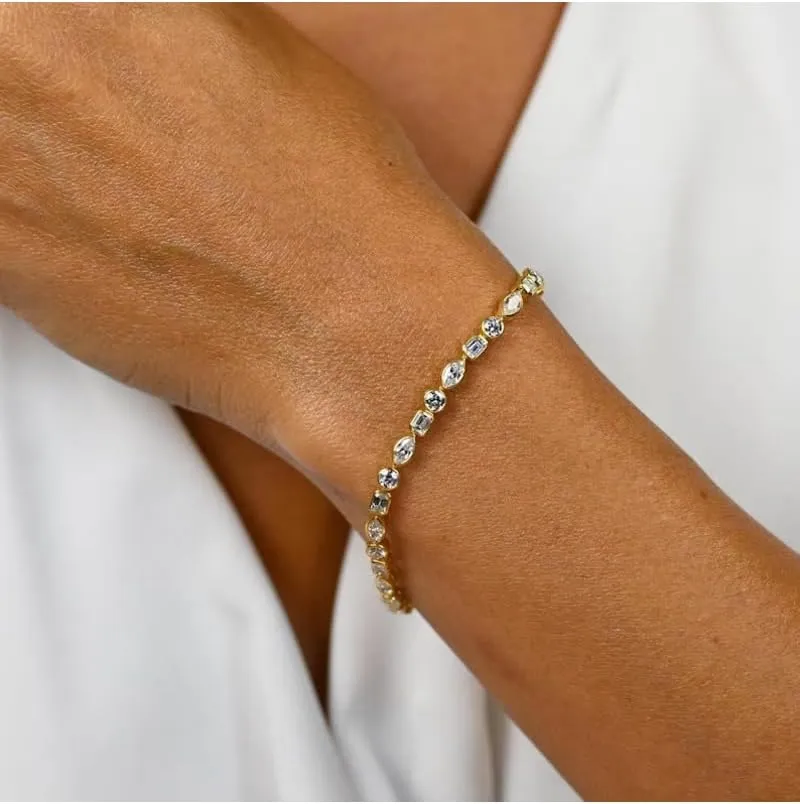 10 CT Round Shape Created White Diamond Bezel Set Wedding Engagement Tennis Bracelet In 14K Yellow Gold Plated 925 Sterling Silver Gift for Womens