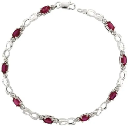 10k White Gold Double Loop Tennis Bracelet 0.05 ct Diamonds & 2.25 ct Oval Created Ruby, 1/8 inch Wide