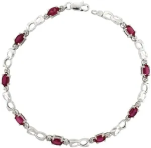 10k White Gold Double Loop Tennis Bracelet 0.05 ct Diamonds & 2.25 ct Oval Created Ruby, 1/8 inch Wide