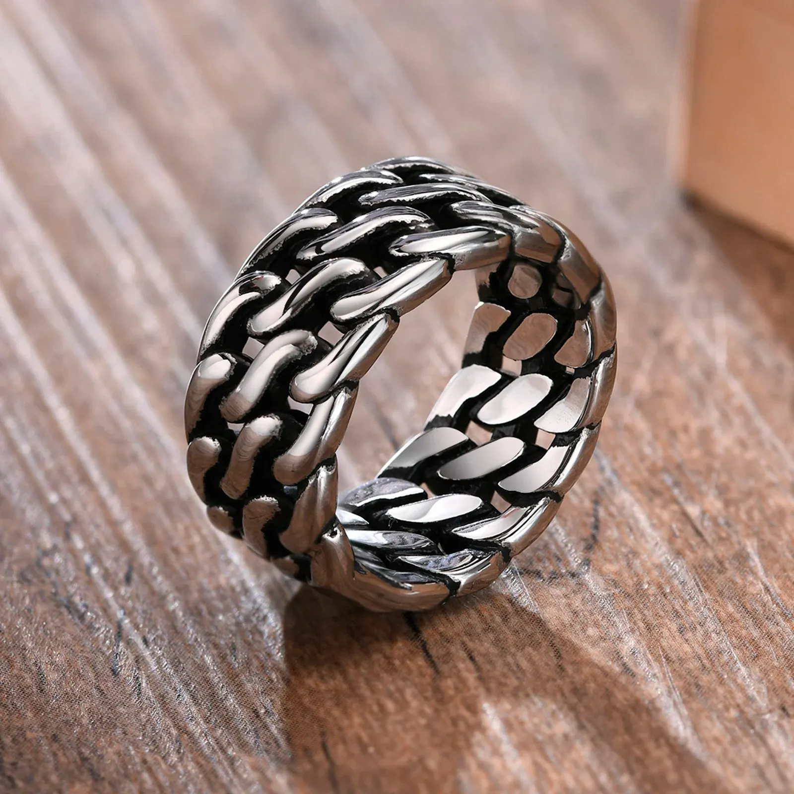 10mm Stainless Steel Twisted Cuban Chain Wedding Bands Rings for Men,Rock Punk Male Boys Christmas Gifts Jewelry