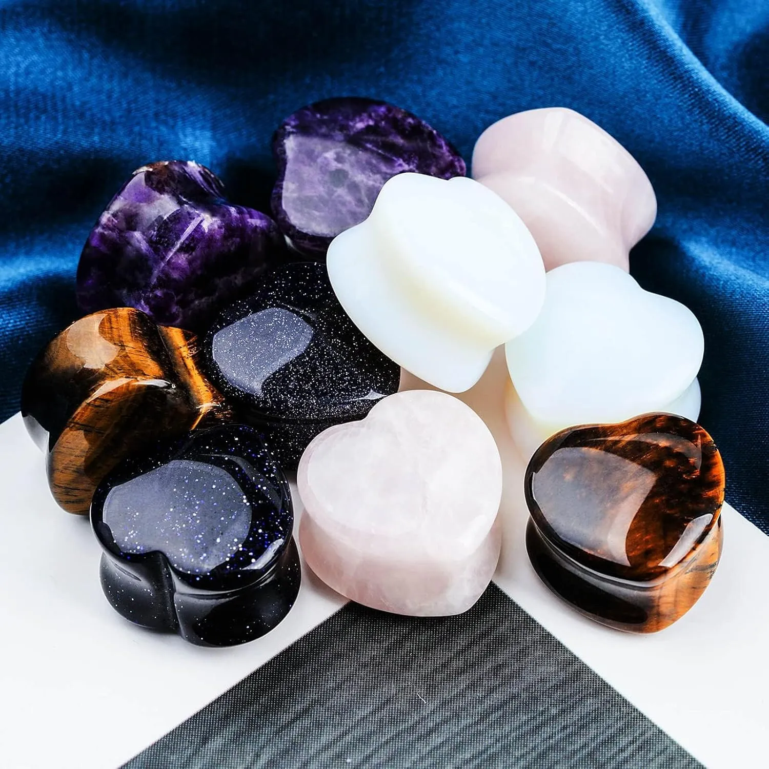 10Pcs 6G-20MM Heart Ear Gauges Plugs Tunnels Mixed Natural Stone Stretching Expander Kit Body Piercing Jewelry