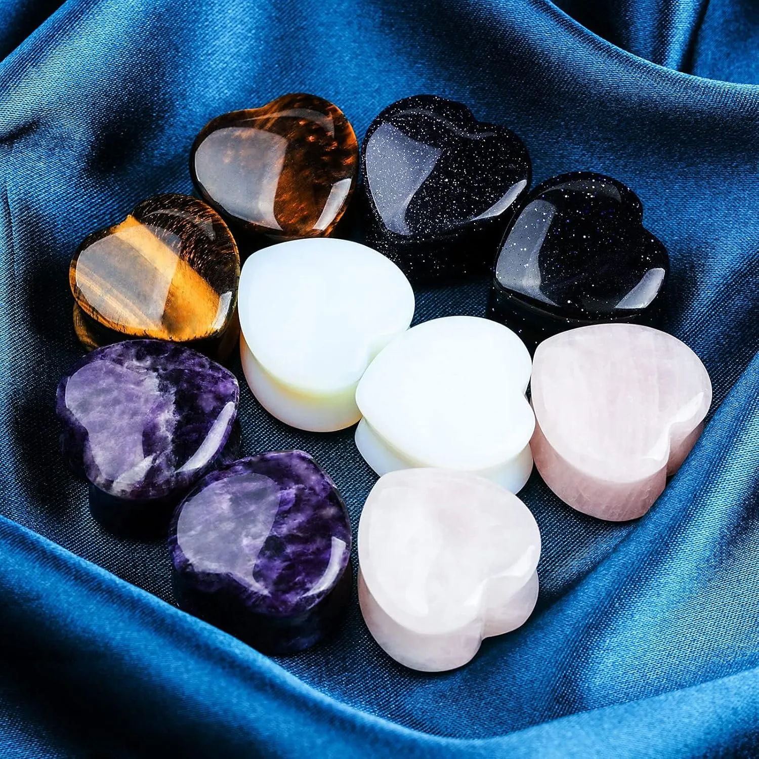 10Pcs 6G-20MM Heart Ear Gauges Plugs Tunnels Mixed Natural Stone Stretching Expander Kit Body Piercing Jewelry