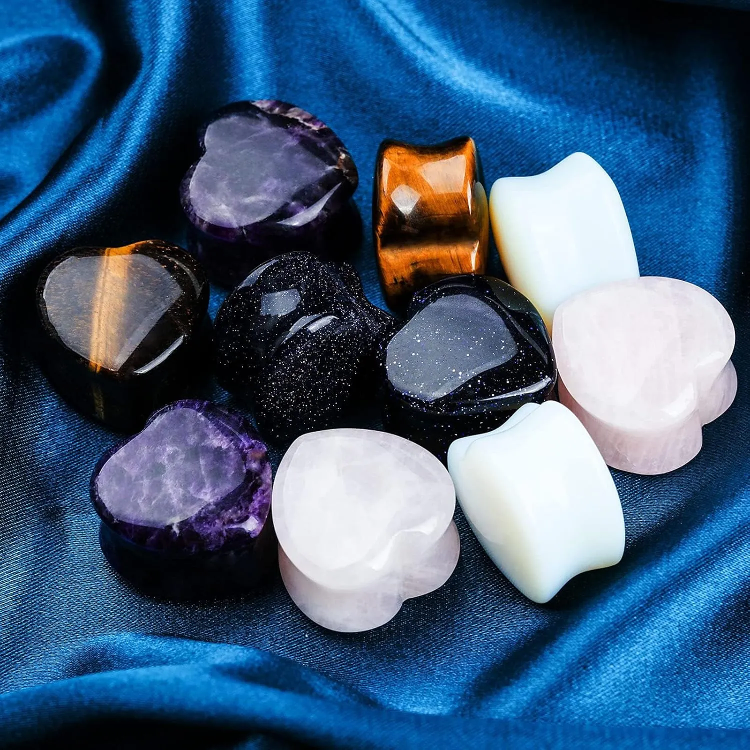 10Pcs 6G-20MM Heart Ear Gauges Plugs Tunnels Mixed Natural Stone Stretching Expander Kit Body Piercing Jewelry