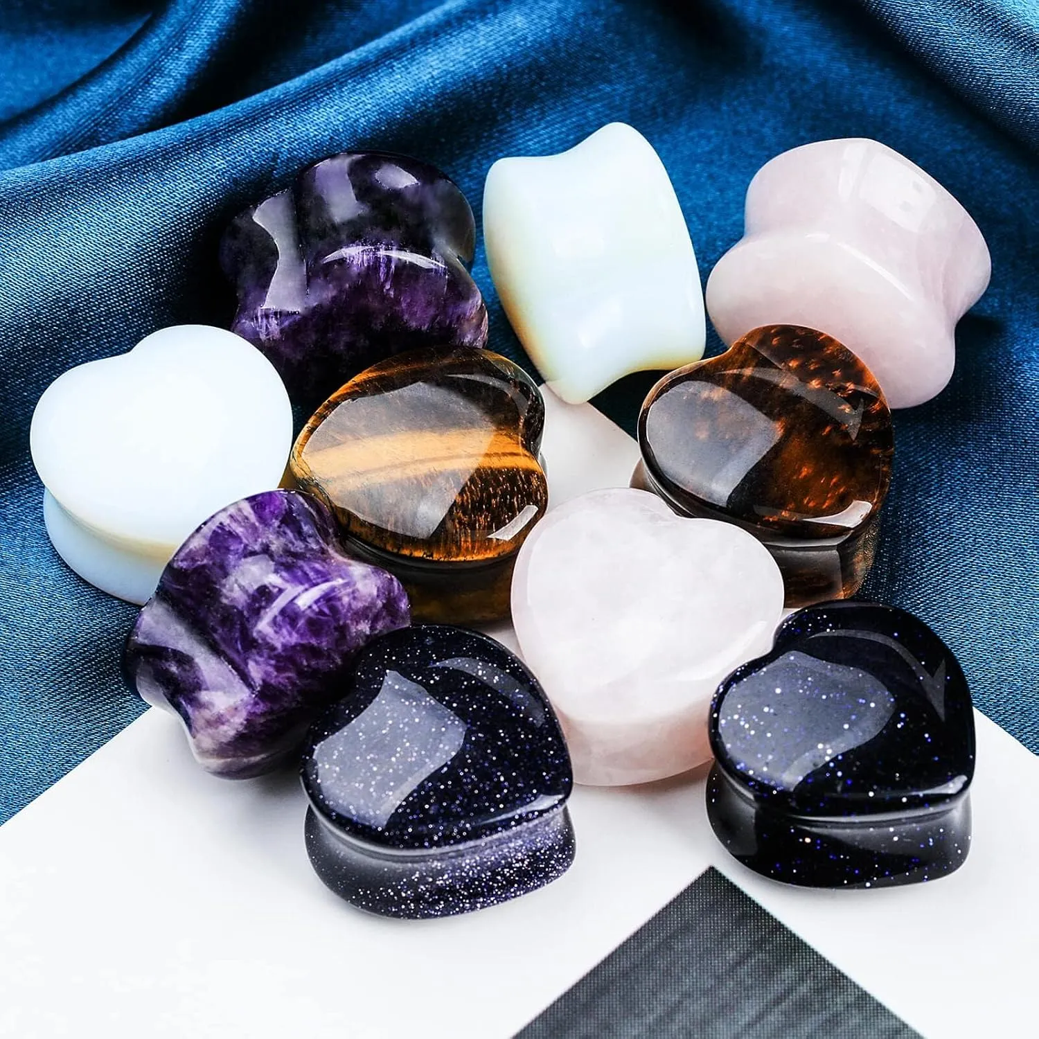 10Pcs 6G-20MM Heart Ear Gauges Plugs Tunnels Mixed Natural Stone Stretching Expander Kit Body Piercing Jewelry