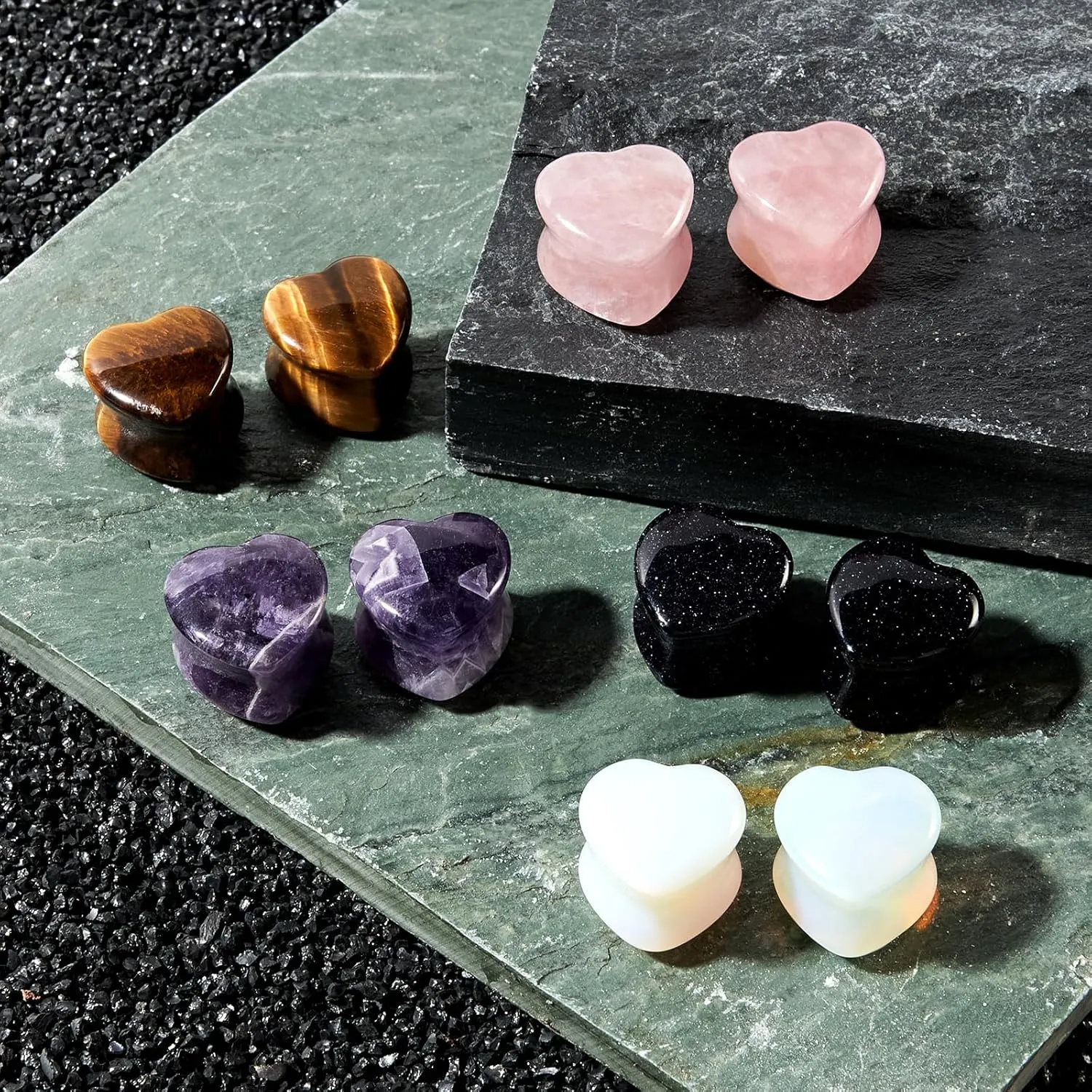 10Pcs Stone Ear Plugs kit Heart Shape Ear Gauges Tunnels Set Double Saddle Ear Expander Stretching Multiple Colors Body Piercing Jewelry for Women Men 2G-5/8