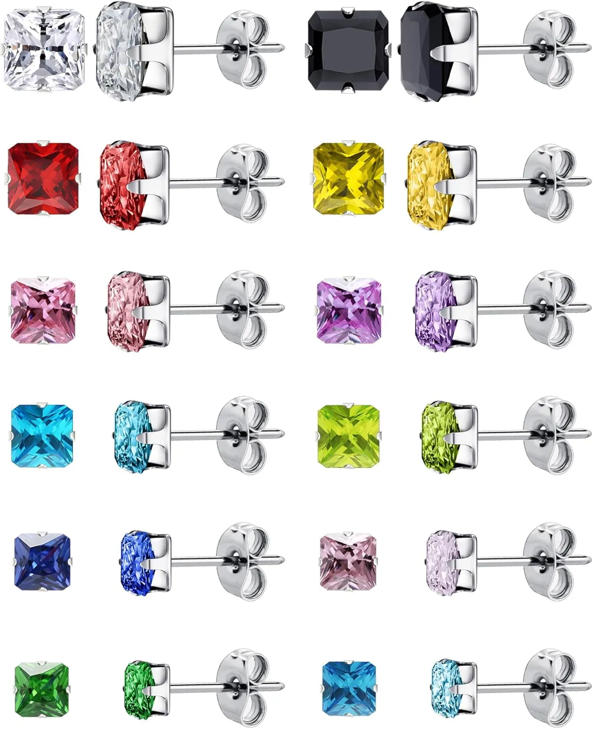 12 Pairs Silver Earrings Surgical Steel Earrings Women's Earrings Hypoallergenic Earrings Set Men's Earrings 12 Colors CubicZirconia Studs Earrings