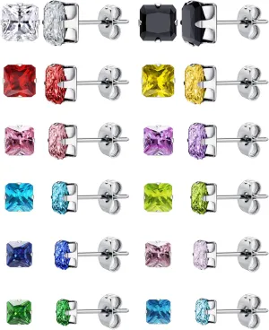 12 Pairs Silver Earrings Surgical Steel Earrings Women's Earrings Hypoallergenic Earrings Set Men's Earrings 12 Colors CubicZirconia Studs Earrings