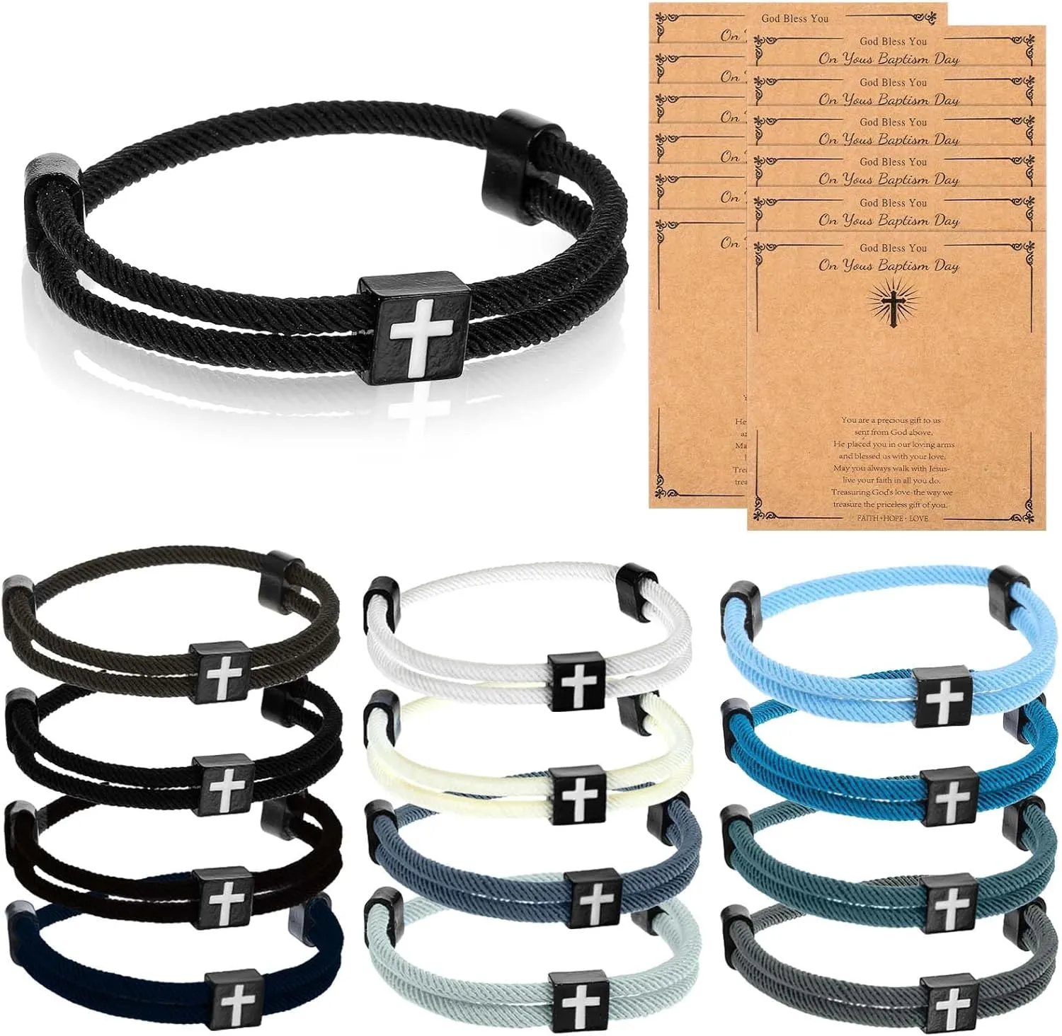 12 Pcs Braided Cross Bracelet, Christian Adjustable Rope, Jesus Bracelet with Metal Knot Easter Christian Baptism Gift