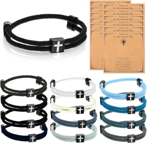 12 Pcs Braided Cross Bracelet, Christian Adjustable Rope, Jesus Bracelet with Metal Knot Easter Christian Baptism Gift