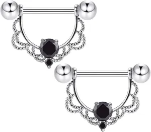 14G Stainless Steel Nipple Rings Black CZ Flower Straight Barbell Bars Tongue Ring 16mm(5/8Inch) Body Piercing Jewelry