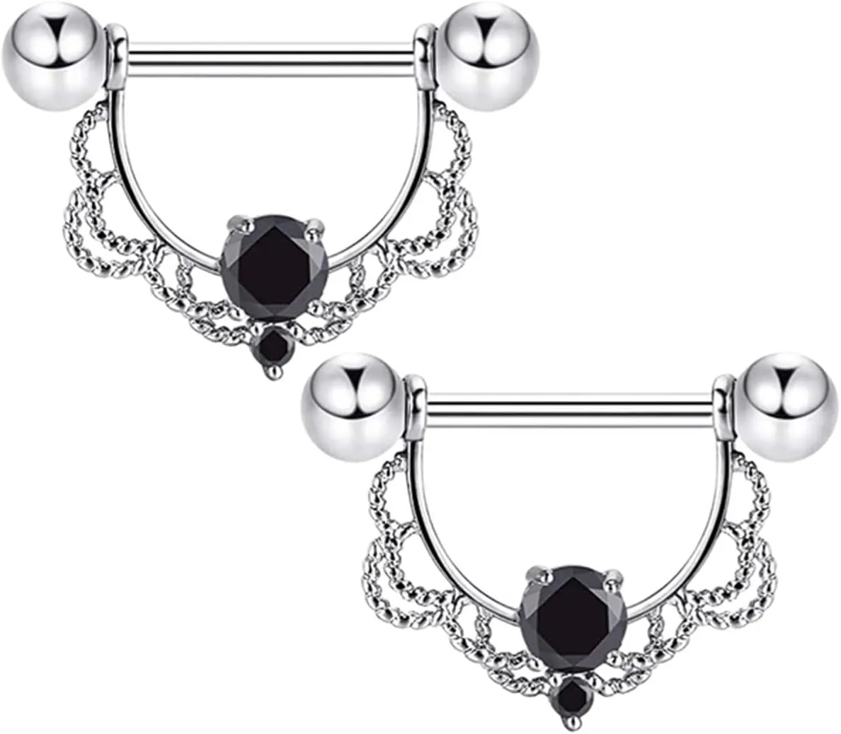 14G Stainless Steel Nipple Rings Black CZ Flower Straight Barbell Bars Tongue Ring 16mm(5/8Inch) Body Piercing Jewelry