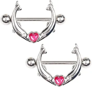 14G Stainless Steel Nipple Rings CZ Dolphin Heart Straight Barbell Bars Tongue Ring 14mm(9/16Inch) Body Piercing Jewelry