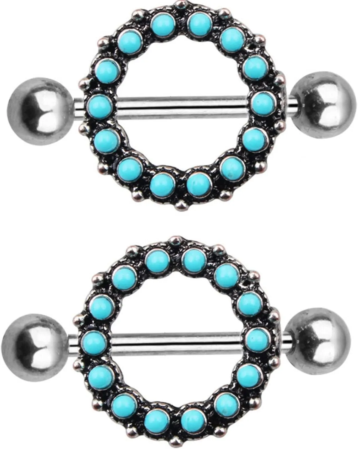 14G Stainless Steel Nipple Rings Turquoise Round Straight Barbell Bars Tongue Ring 16mm(5/8Inch) Body Piercing Jewelry