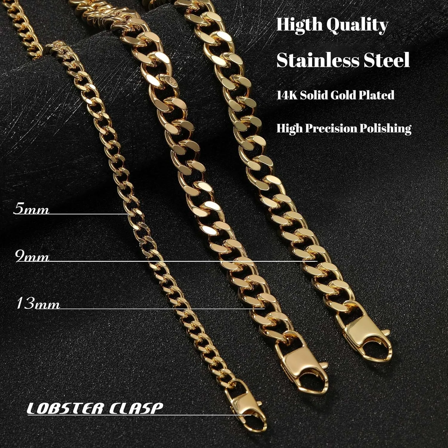14K Gold Chunky Cuban Link Curb Chain Necklace for Women Men Dainty Tone Choker Thick Trendy Statement Punk Hip Hop Cuban Chain Jewelry Gifts Unisex Size 5mm/9mm/13mm/16mm