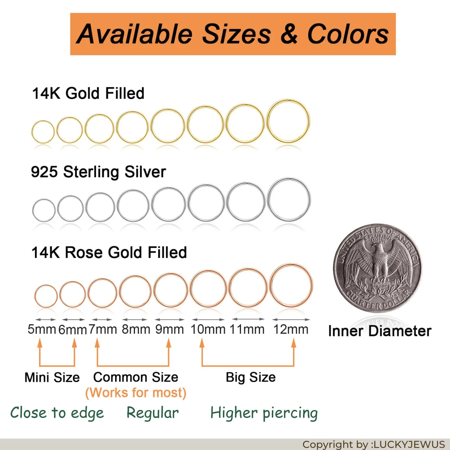14K Gold Filled or Sterling Silver Nose Septum Ring Hoop Piercing Jewelry for Women 18G 20G 22G 24G (14k Gold-Filled, 1pc - 7mm 24g)