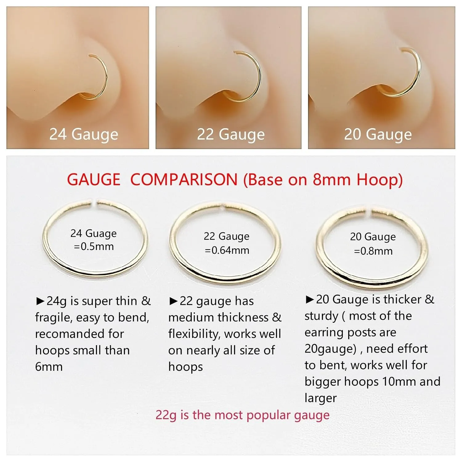 14K Gold Filled or Sterling Silver Nose Septum Ring Hoop Piercing Jewelry for Women 18G 20G 22G 24G (14k Gold-Filled, 1pc - 7mm 24g)