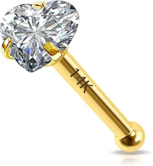 14k Gold Nose Stud Gold Nose Rings 20g Yellow Gold Nose Stud Heart,Round Moissanite 20G Hypoallergenic Nose Piercing for Women (heart)