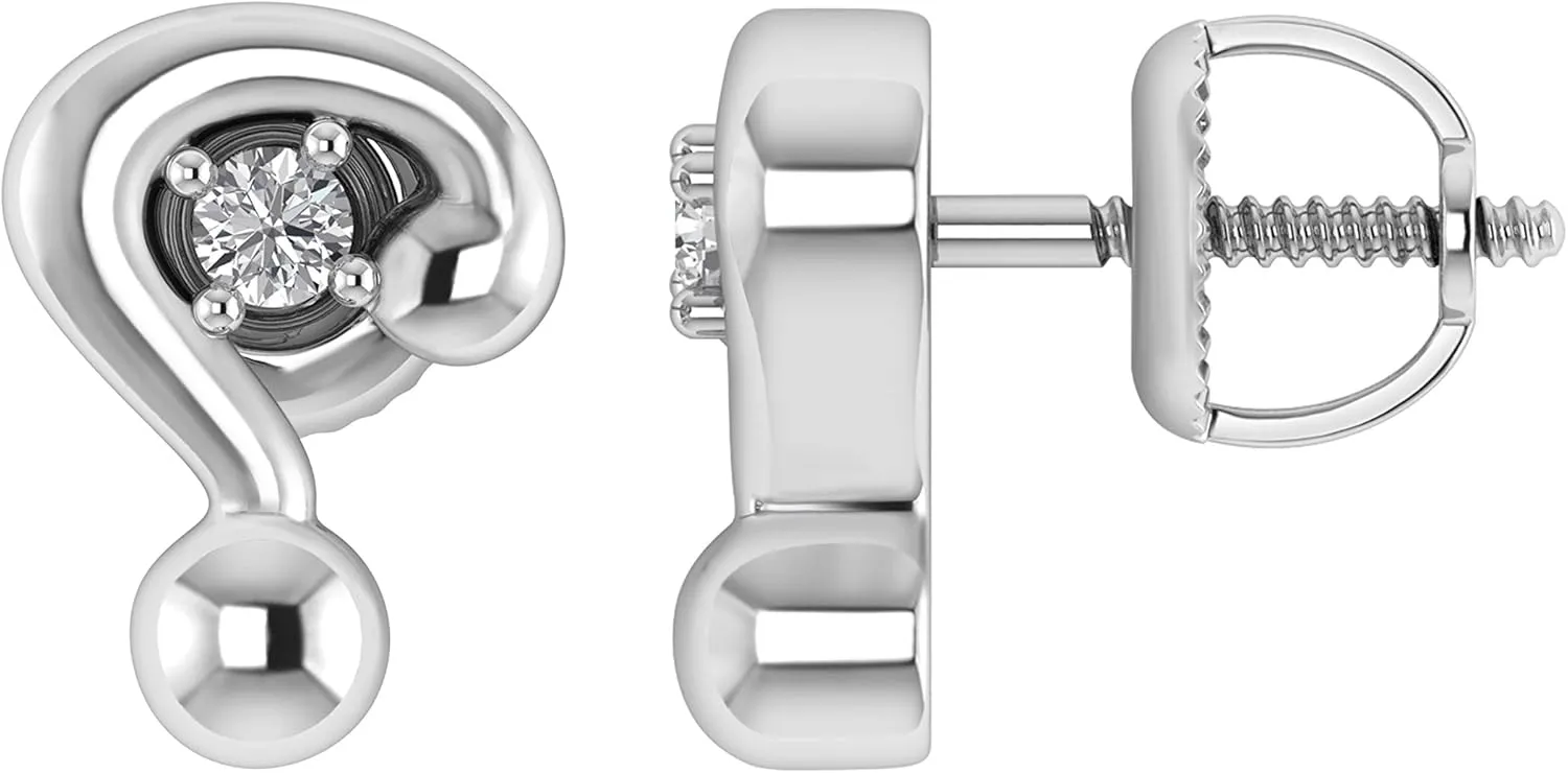 14k Gold Plated 925 Sterling Silver Question Mark Stud Earrings Genuine Diamond W/Screw Back Ear Studs