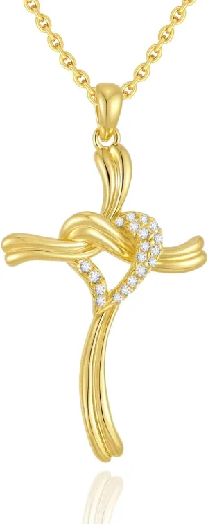 14K Gold Plated Cross Necklace for Women, S925 Sterling Silver with AAA Cubic Zirconia, Elegant Twisted Knot Design, Religious Jewelry Birthday Anniversary Mother's Day Gifts for Her Mom Wife