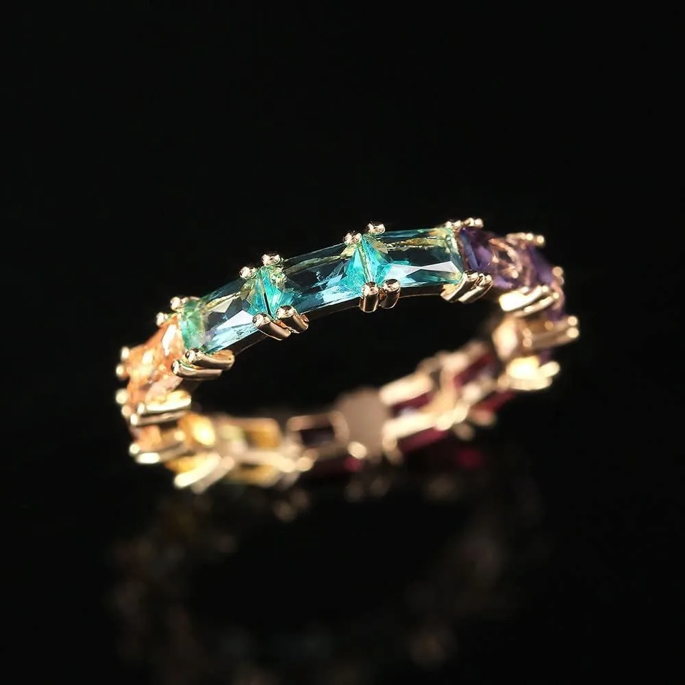14K Gold Plated Rainbow Baguette Cubic Zirconia Ring Multicolor Square Crystal Eternity Finger Ring for Women Anniversary Birthday Jewelry Gift Size 6-10