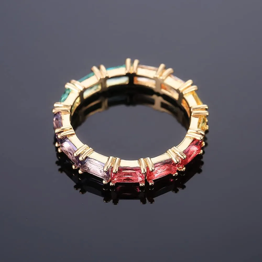 14K Gold Plated Rainbow Baguette Cubic Zirconia Ring Multicolor Square Crystal Eternity Finger Ring for Women Anniversary Birthday Jewelry Gift Size 6-10