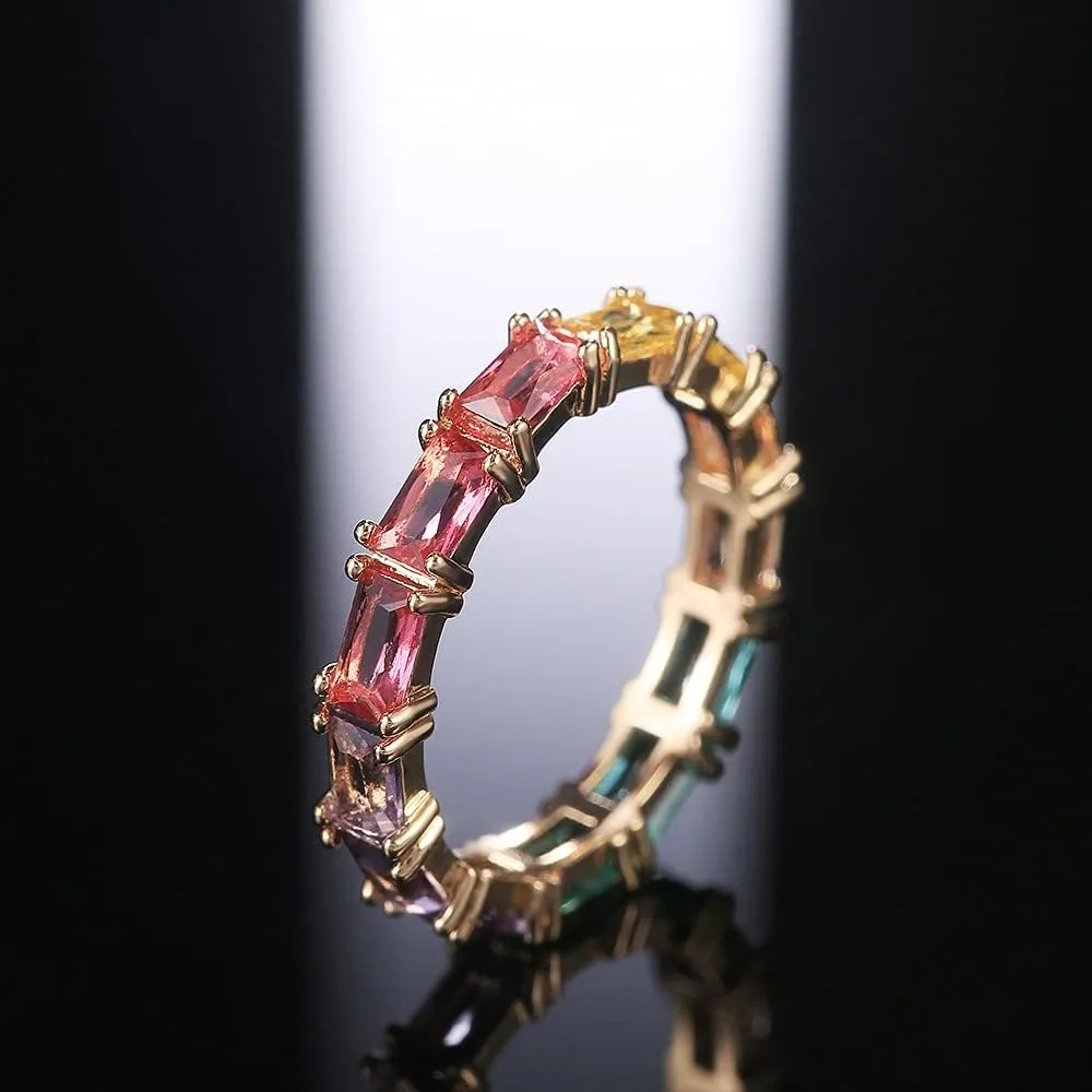 14K Gold Plated Rainbow Baguette Cubic Zirconia Ring Multicolor Square Crystal Eternity Finger Ring for Women Anniversary Birthday Jewelry Gift Size 6-10