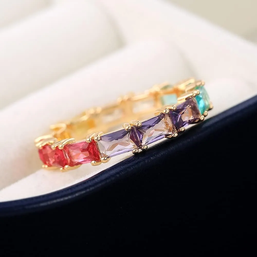 14K Gold Plated Rainbow Baguette Cubic Zirconia Ring Multicolor Square Crystal Eternity Finger Ring for Women Anniversary Birthday Jewelry Gift Size 6-10