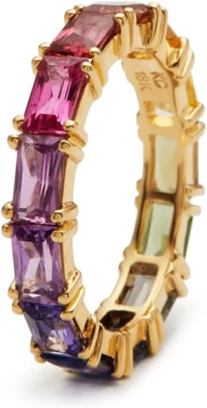 14K Gold Plated Rainbow Baguette Cubic Zirconia Ring Multicolor Square Crystal Eternity Finger Ring for Women Anniversary Birthday Jewelry Gift Size 6-10