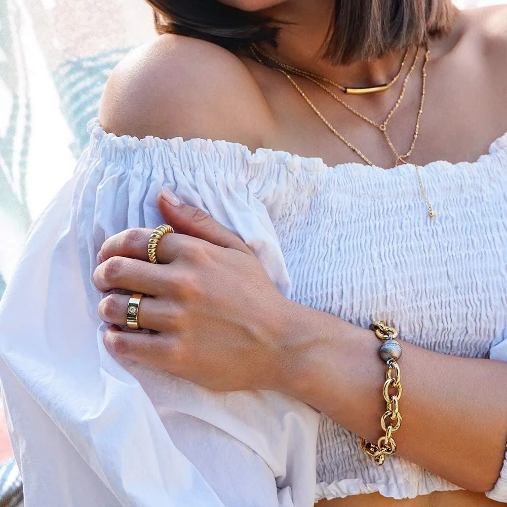 14K Gold Statement Rings, Stackable Finger Bands, Stripe Stack Style for Women and Ladies Fashion Jewelry