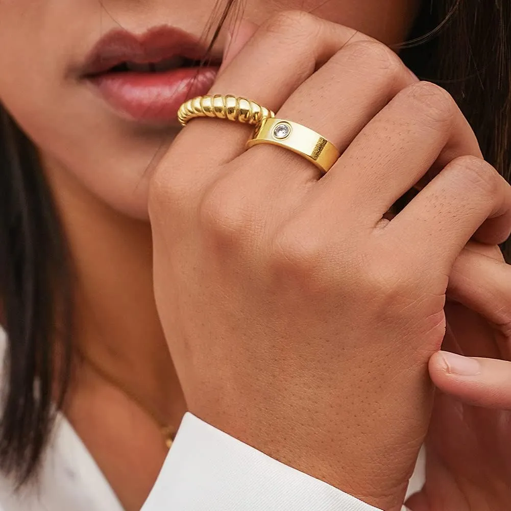 14K Gold Statement Rings, Stackable Finger Bands, Stripe Stack Style for Women and Ladies Fashion Jewelry