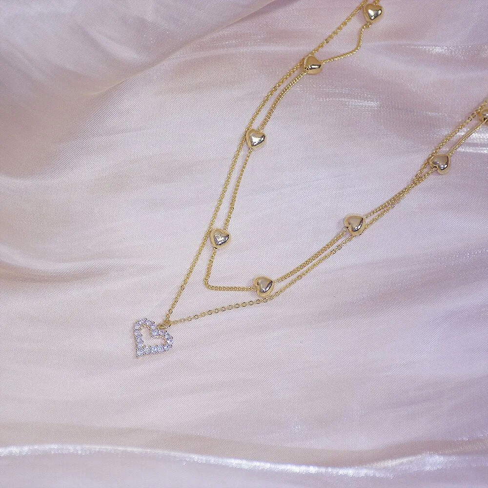 14k Real Gold Double layer Heart Necklace | Shining Bling AAA Zircon | Wedding Pendant Jewelry | Double Layer Heart Pendants Charm Necklace