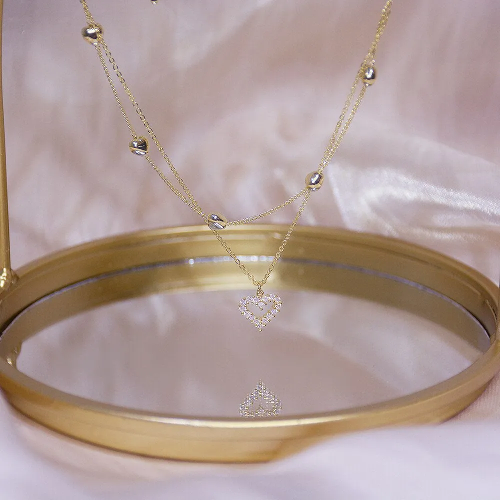 14k Real Gold Double layer Heart Necklace | Shining Bling AAA Zircon | Wedding Pendant Jewelry | Double Layer Heart Pendants Charm Necklace