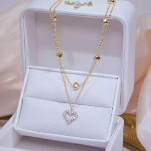 14k Real Gold Double layer Heart Necklace | Shining Bling AAA Zircon | Wedding Pendant Jewelry | Double Layer Heart Pendants Charm Necklace