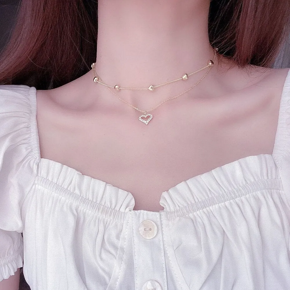14k Real Gold Double layer Heart Necklace | Shining Bling AAA Zircon | Wedding Pendant Jewelry | Double Layer Heart Pendants Charm Necklace