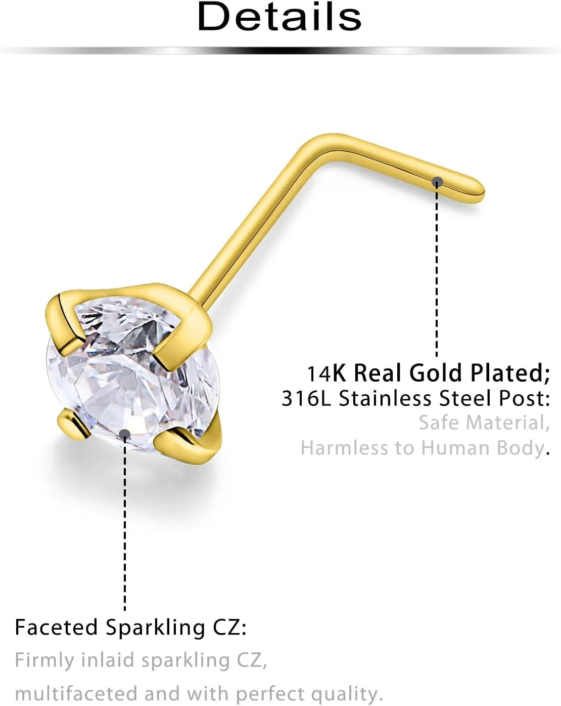 14k Real Gold Plated 20/18G L Shape Nose Rings Studs 1.5-4mm Diamond Piercings Jewelry for Women Men Surgical Steel Tiny Small Big Nostril Hypoallergenic