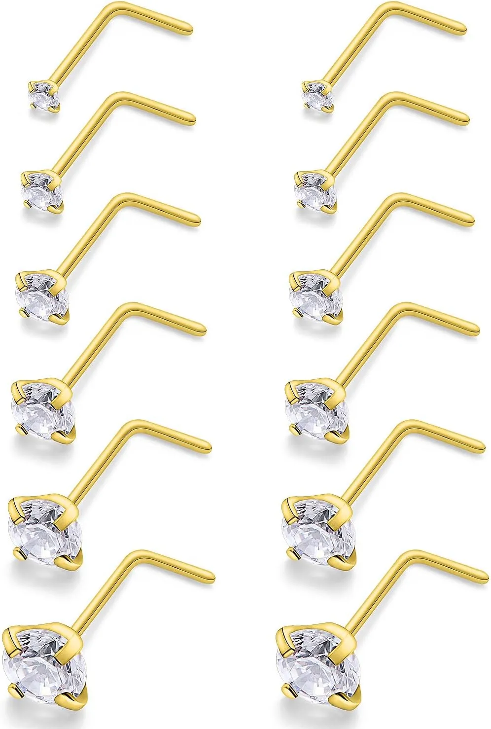 14k Real Gold Plated 20/18G L Shape Nose Rings Studs 1.5-4mm Diamond Piercings Jewelry for Women Men Surgical Steel Tiny Small Big Nostril Hypoallergenic