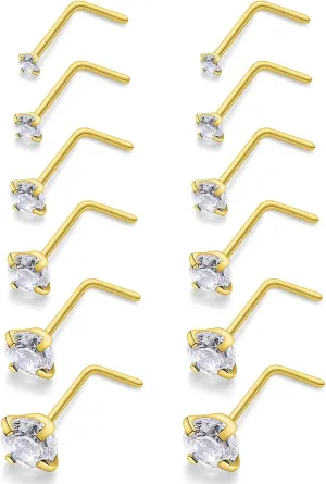 14k Real Gold Plated 20/18G L Shape Nose Rings Studs 1.5-4mm Diamond Piercings Jewelry for Women Men Surgical Steel Tiny Small Big Nostril Hypoallergenic