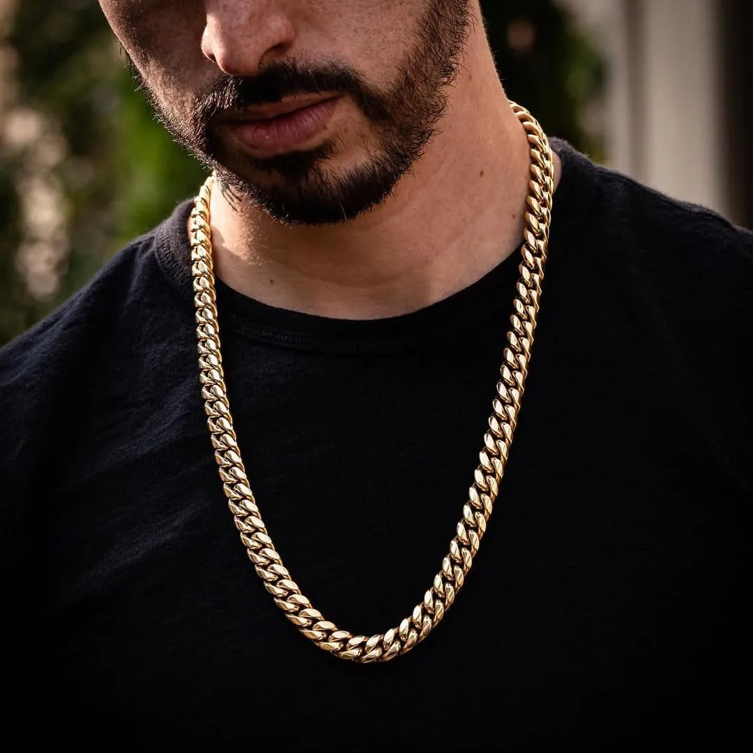 14k Real Gold Plated Cuban Link Chain for Men,6mm-16mm Miami Cuban Chain Necklace, Gold Chain for Men Women, Hip-Hop & Cool Stainless Steel Necklace 18-30 Inches-Send Gift Box(Father Day Birthday Christmas Gift)