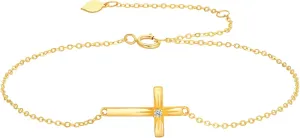 14K Solid Gold Cross Bracelet for Women,Sideways Cross Religious Christian Bracelets Anklets Anniversary Christmas Birthday Minimalist Jewelry Gifts for Mom Wife Her 6.5'' 1'' 1''