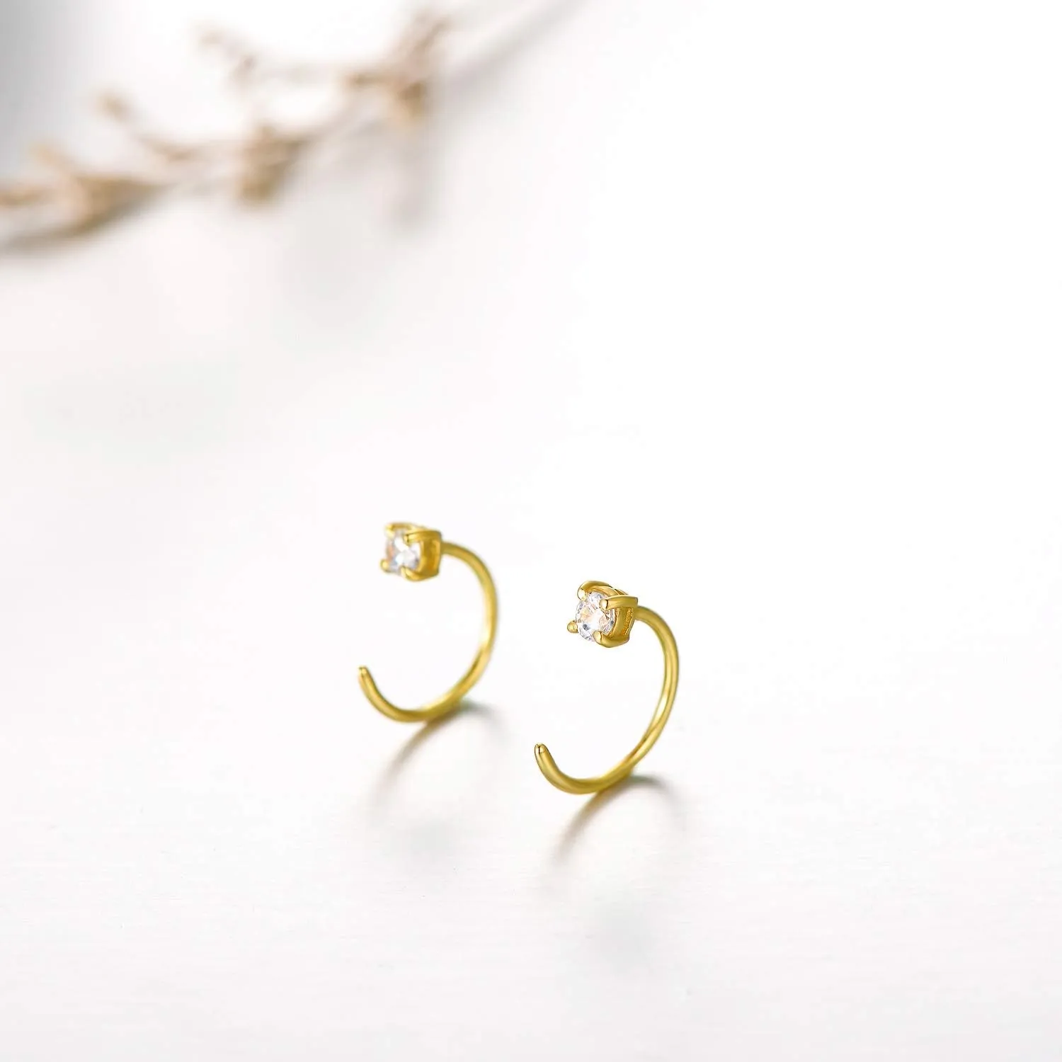 14K Solid Gold Half Hoop Studs Earrings for Women, Dainty Gold Cuff Wrap Piercing Hoop Studs Earrings Hypoallergenic Ear Jacket Jewelry for Mom, Wife, Girl 10MM