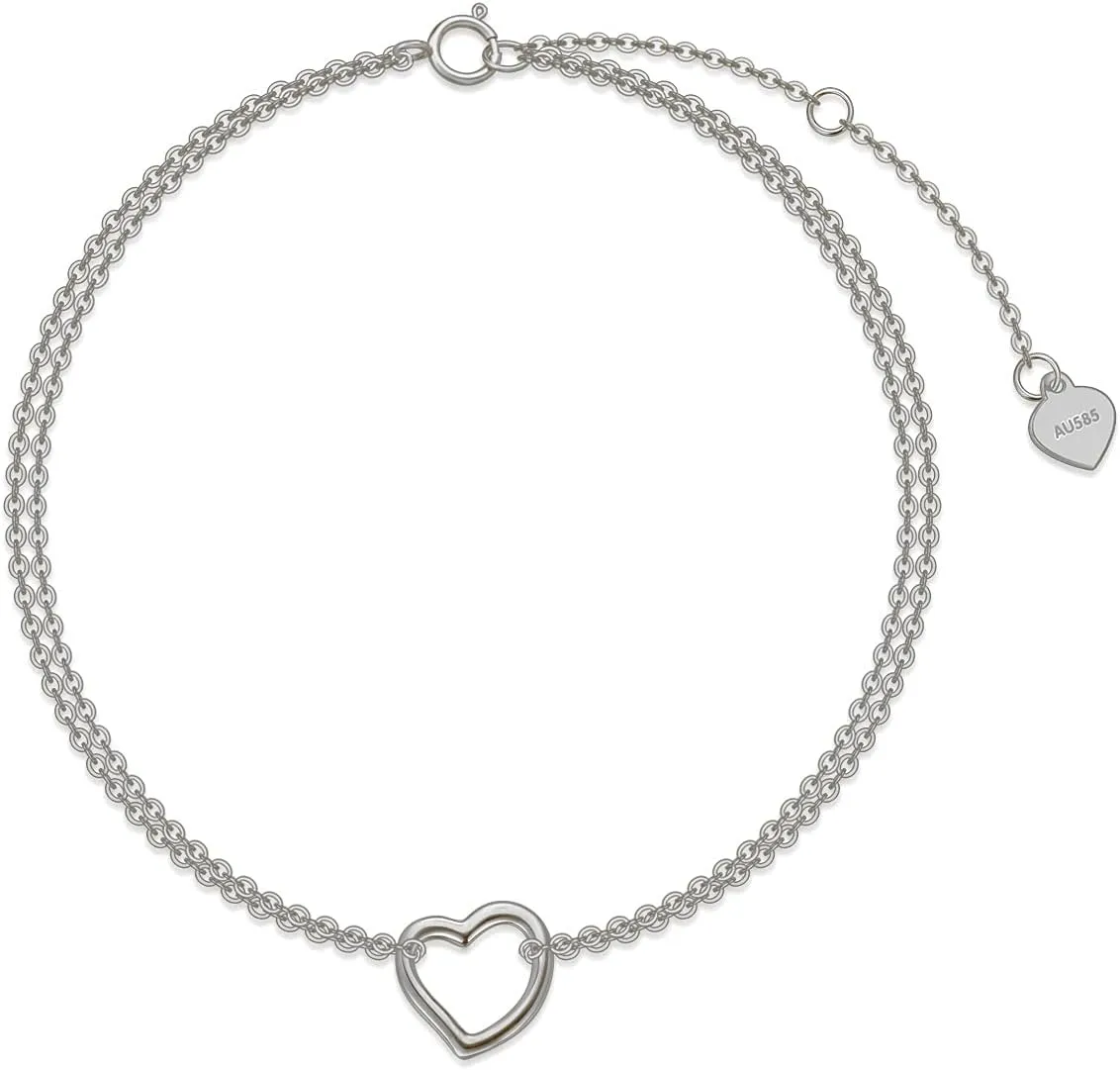 14K Solid Gold Heart Anklets for Women, Real Gold Double Chain Heart Foot Ankle Bracelet Jewelry Anniversary Birthday Gift for Wife, Mom,Girlfriend 8"-10"
