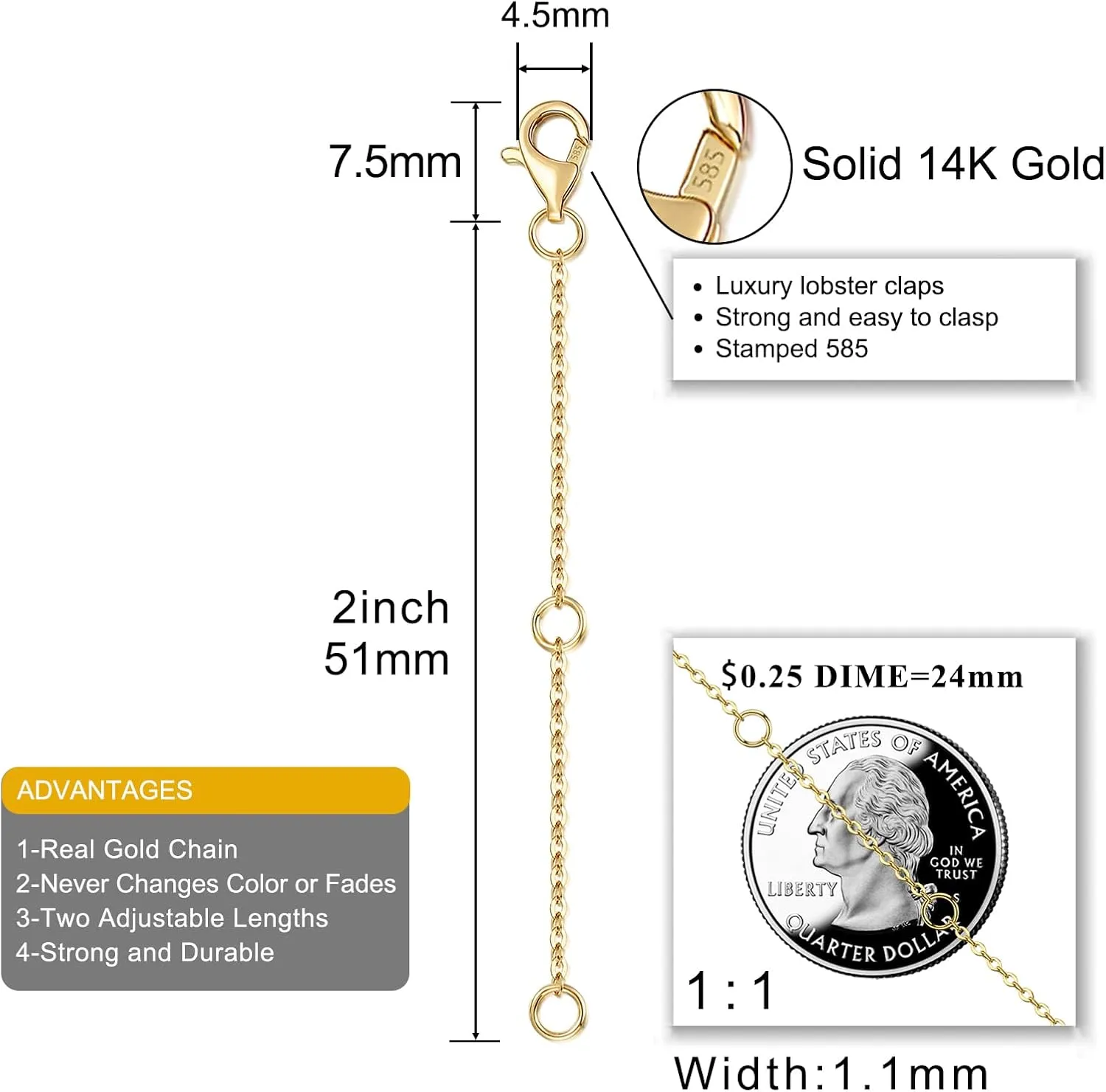 14K Solid Gold Necklace Extender with Lobster Clasp Real Gold Bracelet Extender 1 2 3 Inch Durable Removable Adjustable Chain Gold Anklets Extension for Women 1" 2" 3"