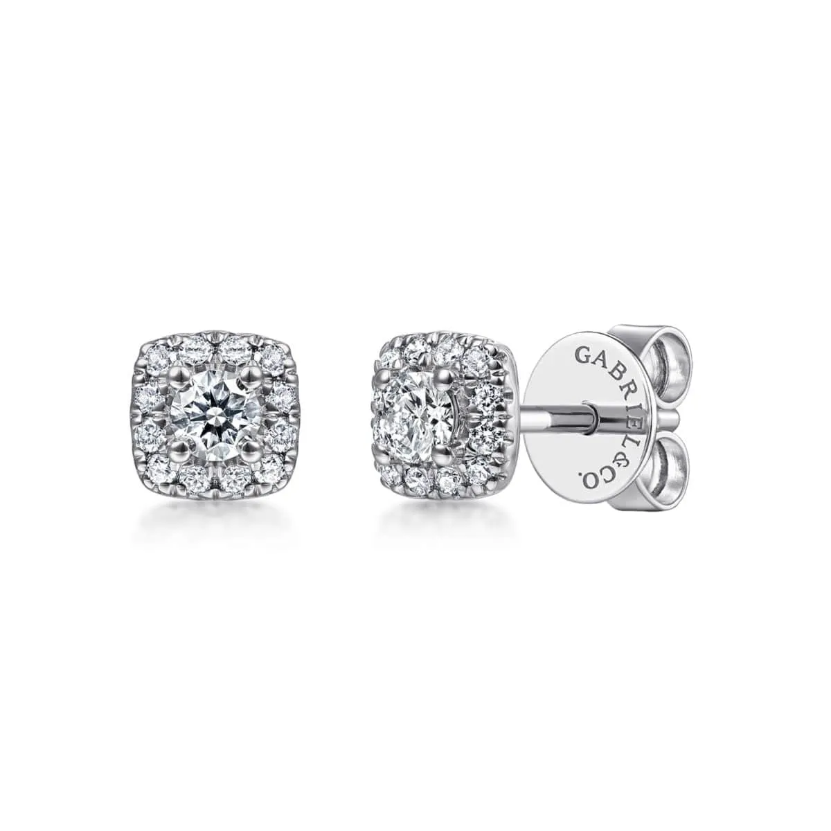 14K White Gold Cushion Halo Round Diamond Stud Earrings - EG13215W45JJ
