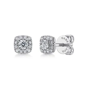 14K White Gold Cushion Halo Round Diamond Stud Earrings - EG13215W45JJ