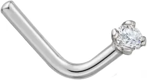 14K White Gold or Yellow Gold 0.03 carat Natural Diamonds L-Shaped Nose Ring for Women,20 GaugeI2-I3 Clarity