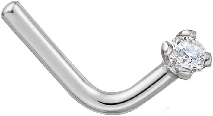 14K White Gold or Yellow Gold 0.03 carat Natural Diamonds L-Shaped Nose Ring for Women,20 GaugeI2-I3 Clarity