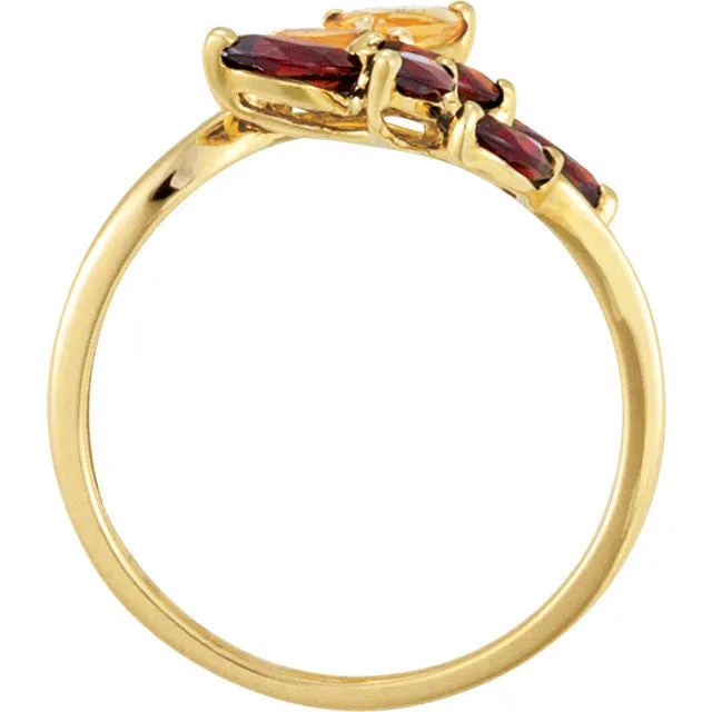 14k Yellow Gold Citrine & Mozambique Garnet Leaf Bypass Ring